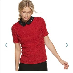 <Elle> Pearl Peter Pan Collared Red Shirt
